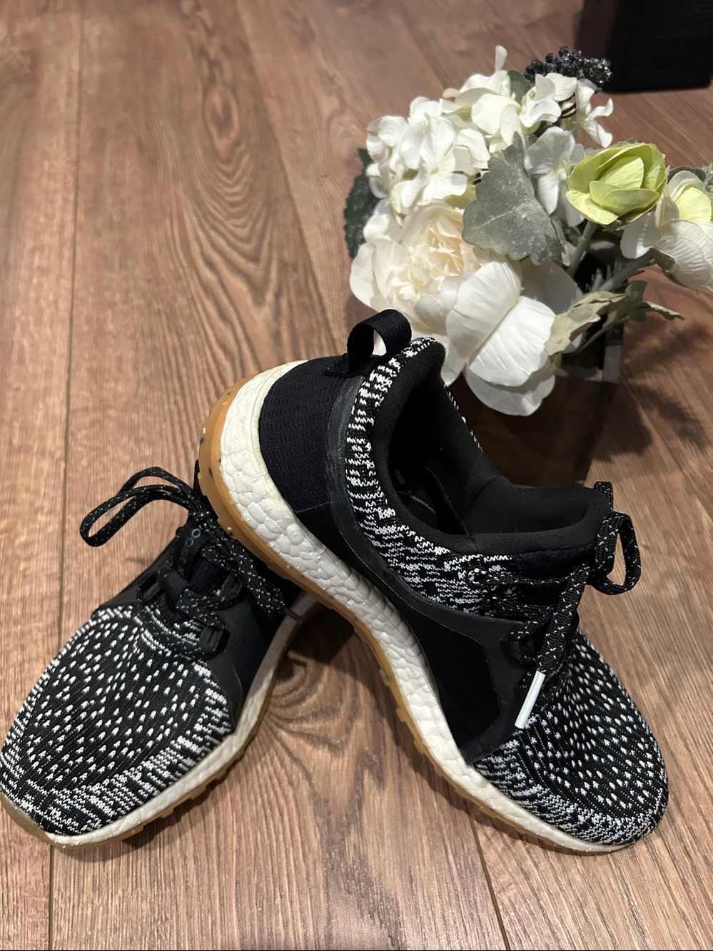 adidas pure boost X Women's Black & White Knit Running Sneakers